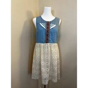 Flying Tomato Boho Chambray & Lace Mini Dress Size L Beach Festival Cottagecore